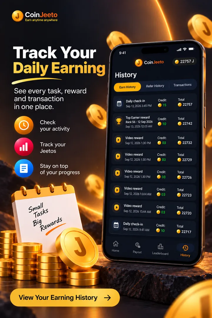 CoinJeeto History screen listing each credit — daily check-in, top earner reward, video rewards — with the running total