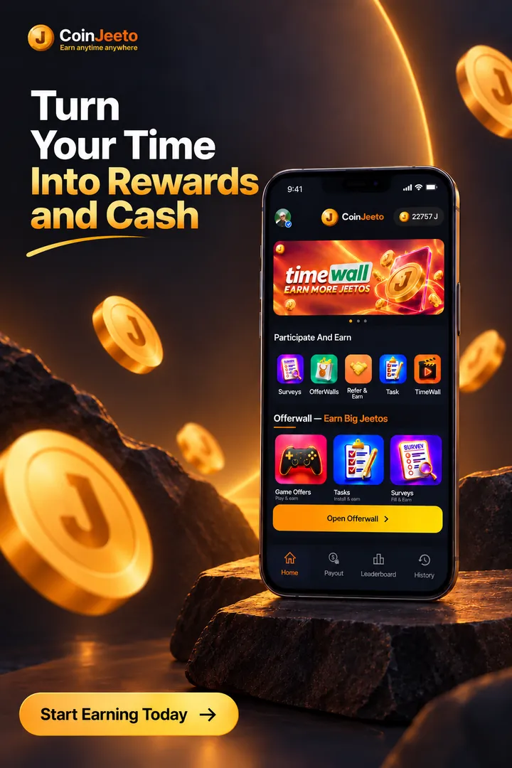 CoinJeeto home screen showing partner offerwalls such as TimeWall under Offerwall — Earn Big Jeetos